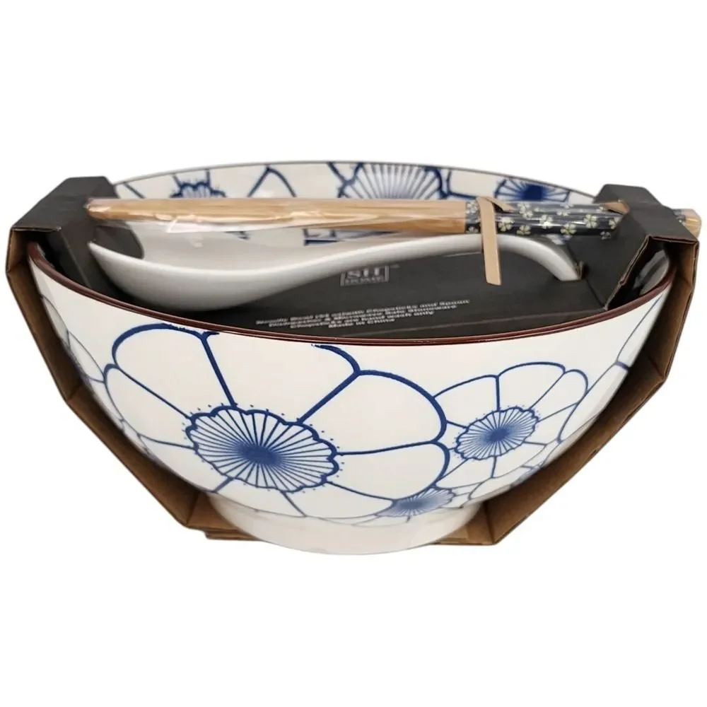 SH Home Blue Lotus Ceramic Ramen Noodle Bowl 54oz With Chopsticks And Spoon‎ 4pc